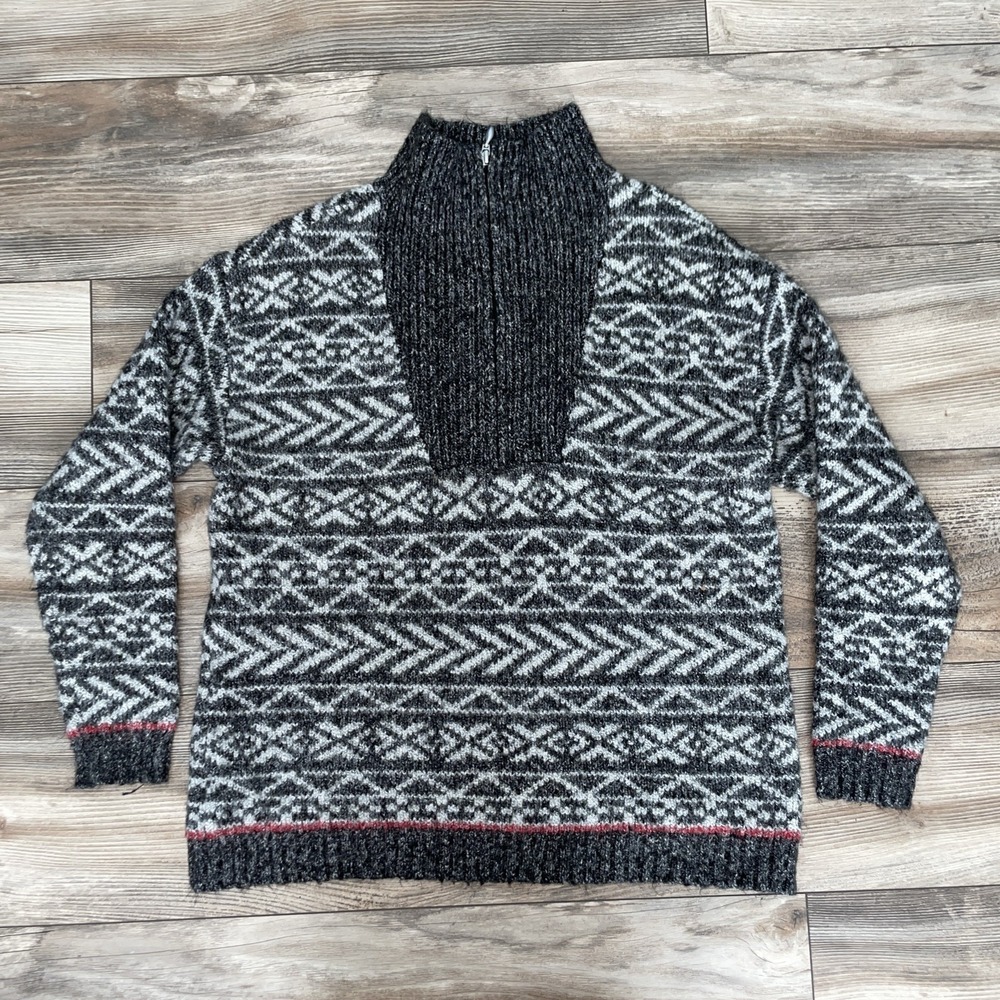 Cj Banks Black White Geometric Fair Isle Quarter Zip Sweater Size L